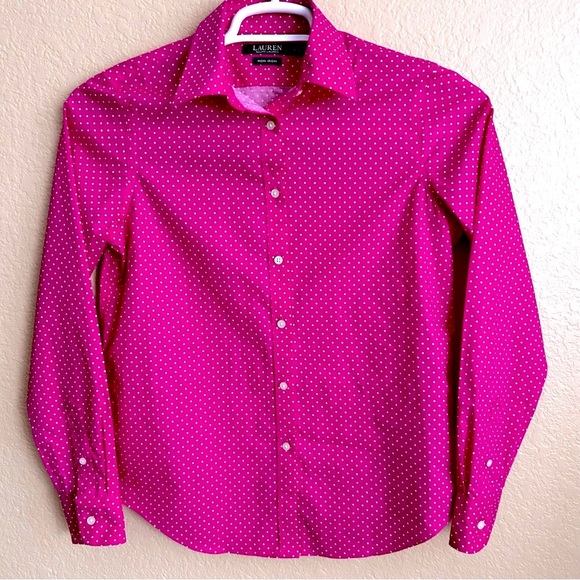Lauren Ralph Lauren Non Iron Polka Dot Long Sleeve Button Down Shirt - Picture 1 of 7